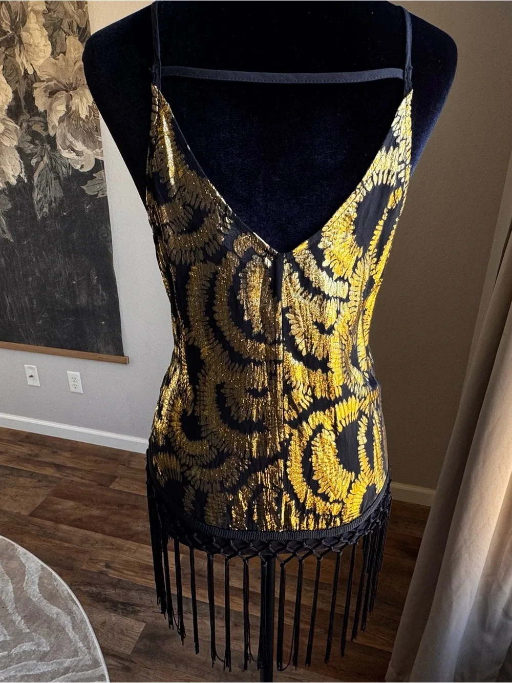 Astr Metallic Gold & Black Fringe Tank Top - Picture 2 of 3